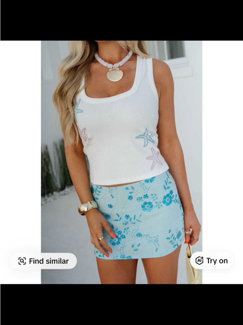 White ribbed beaded starfish tank top
